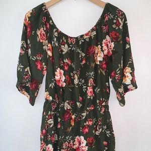 Olive green with pink floral romper